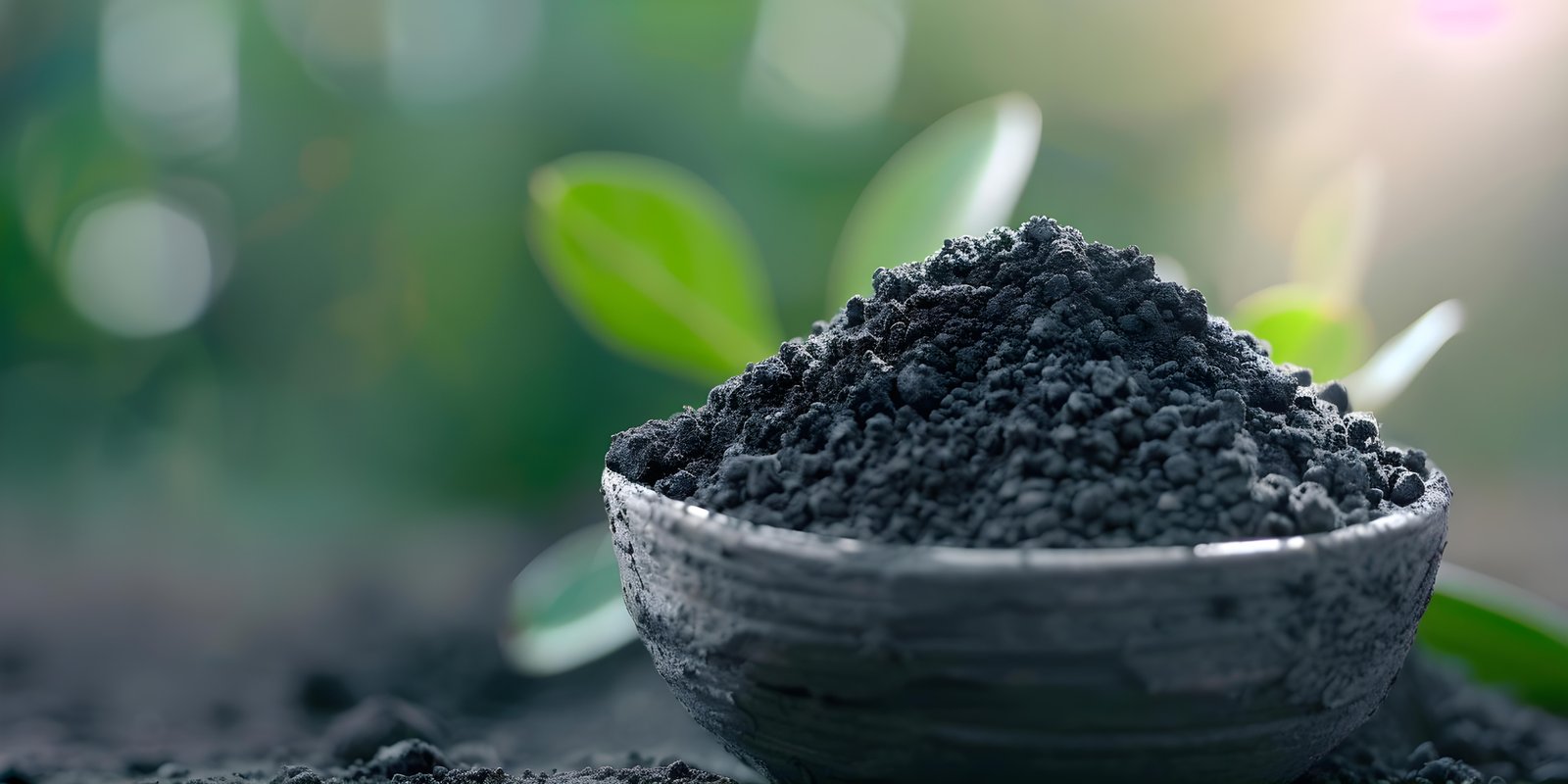 Hand holding biochar chunks over a bed of charcoal pieces